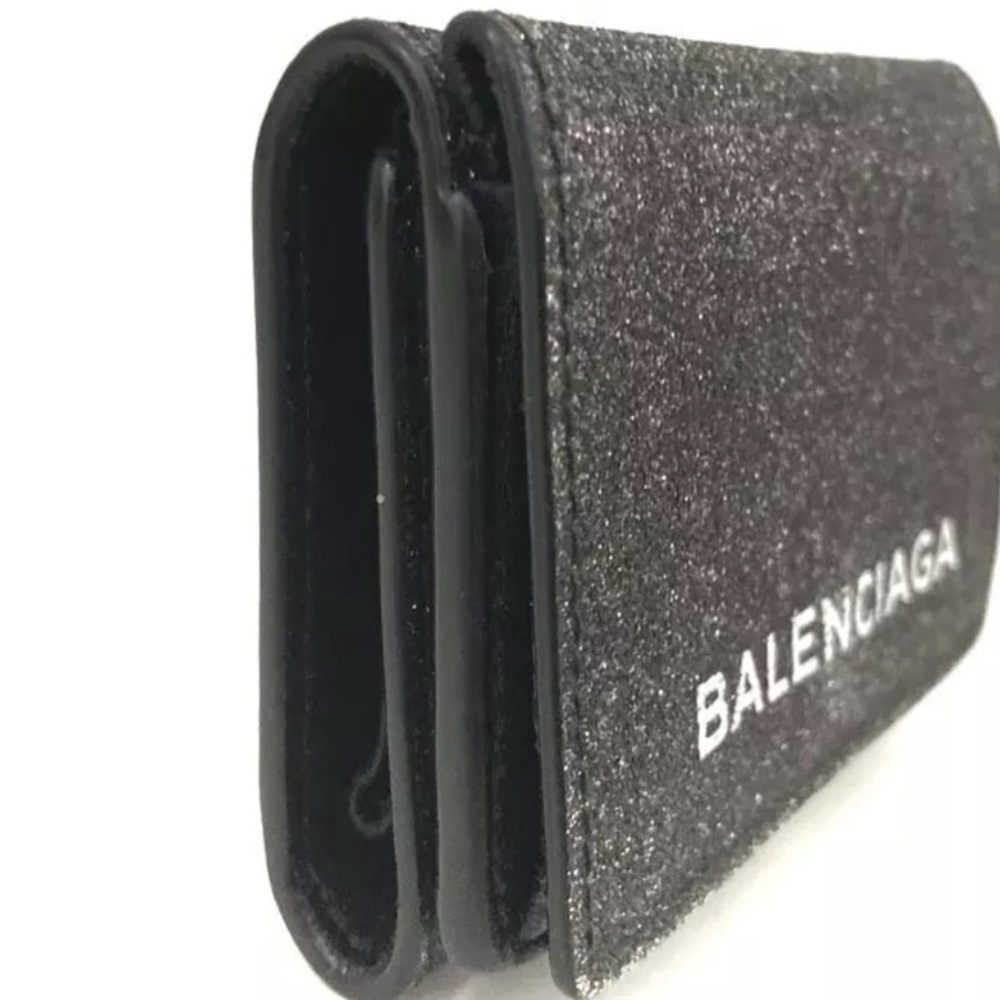 Authentic BALENCIAGA Logo Glitter Leather Trifold Wallet Black with box - Picture 10 of 15